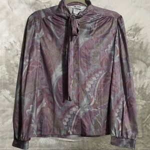 Vintage 70s Blair Long Sleeve Neck Tie Bow Button Up Blouse Multi-Color Size 8